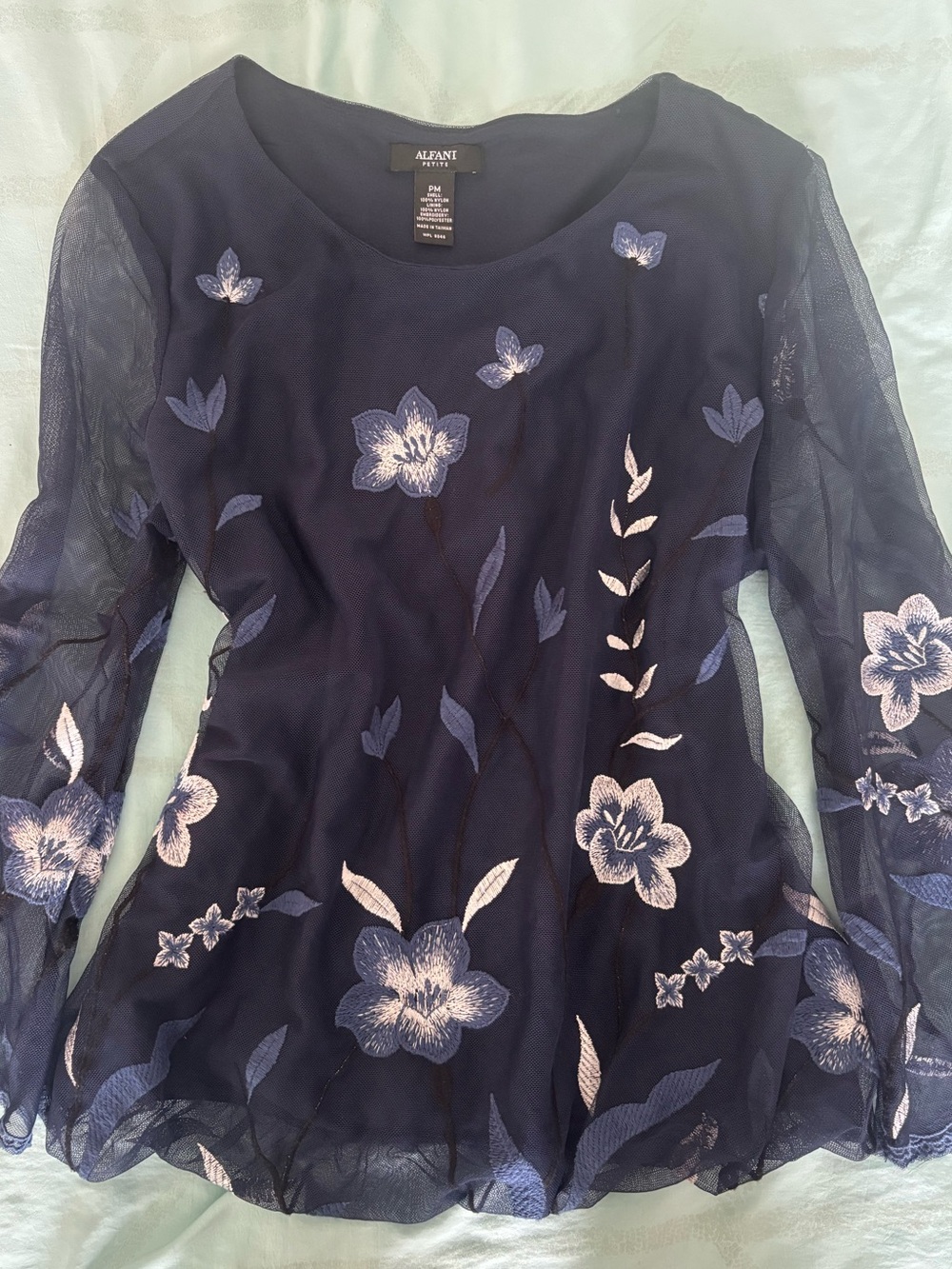 Alfani Navy Sheer Floral Embroidered Blouse